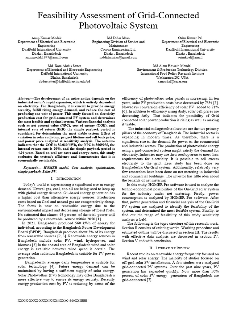 Feasibility Assessment of Grid-Connected Photovoltaic System | PDF ...