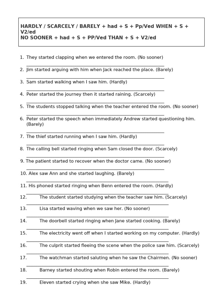 Hardly and No Sooner Grammar Exercises | PDF