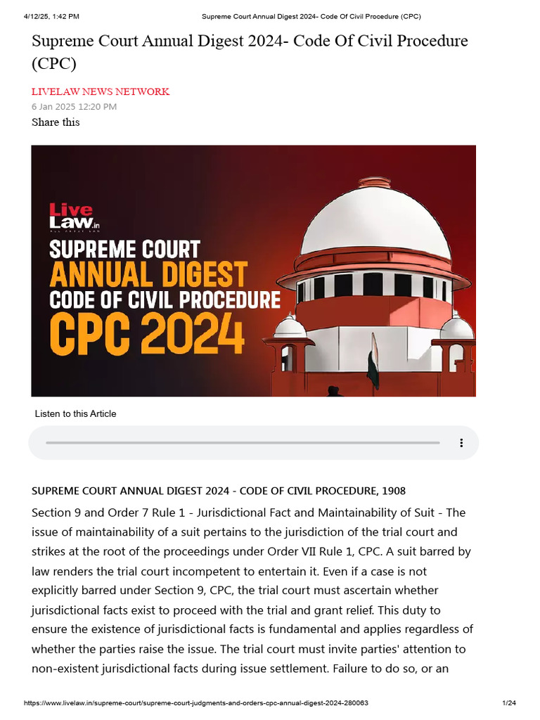 Supreme Court CPC Digest 2024 | PDF | Lawsuit | Res Judicata