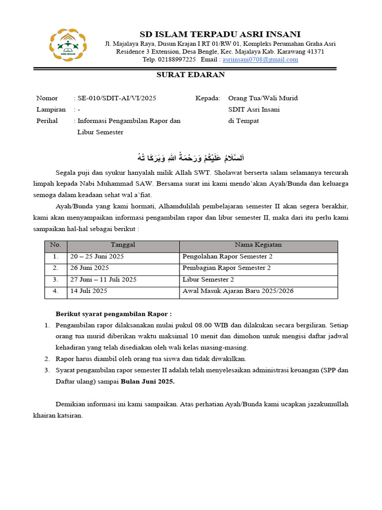Pengambilan Rapor dan Libur Semester SDIT Asri Insani | PDF