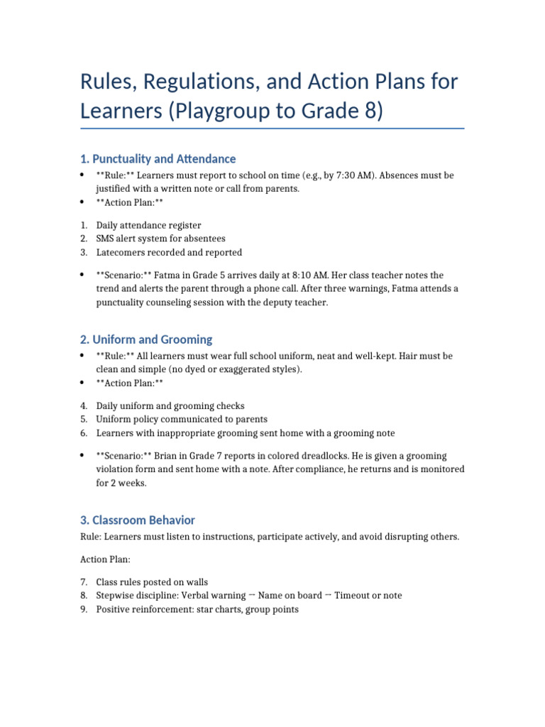 School Rules and Action Plans K-8 | PDF | Teachers
