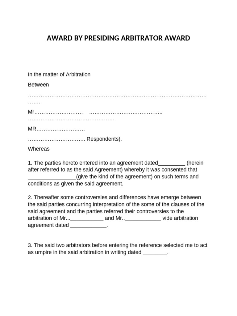 Award by Presiding Arbitrator Award | PDF | Arbitral Tribunal | Arbitration