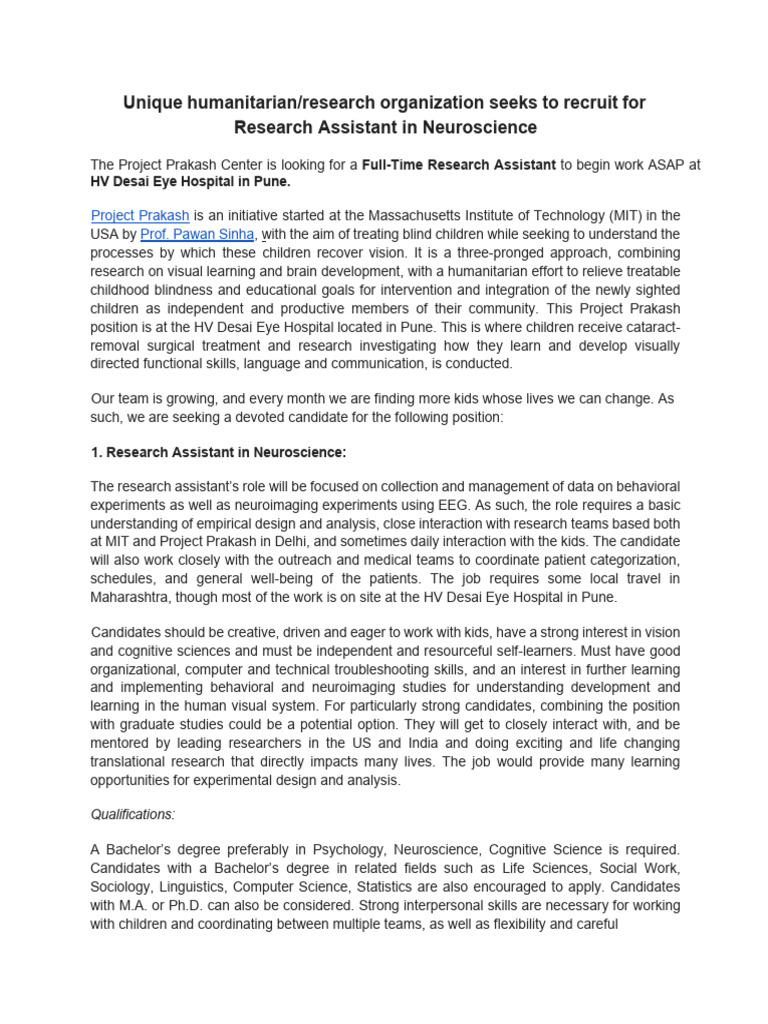 Research Assistant Role at Project Prakash | PDF | Neuroscience ...