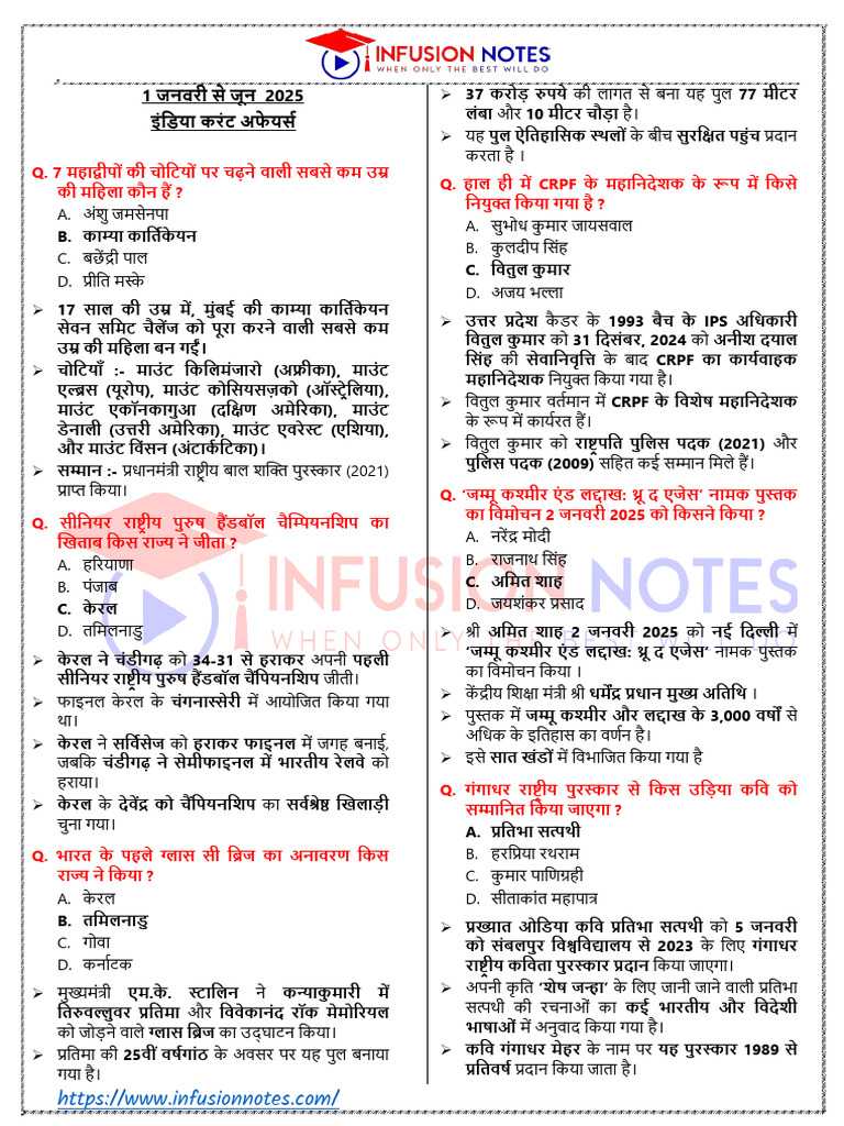 1 जनवरी से जून 2025 India Current Affairs | PDF