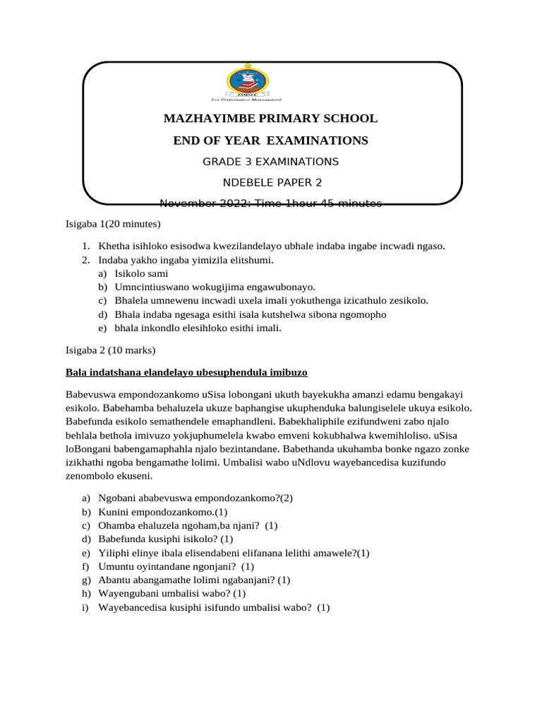 Grade 3 Ndebele Paper 2 End 2022 | PDF