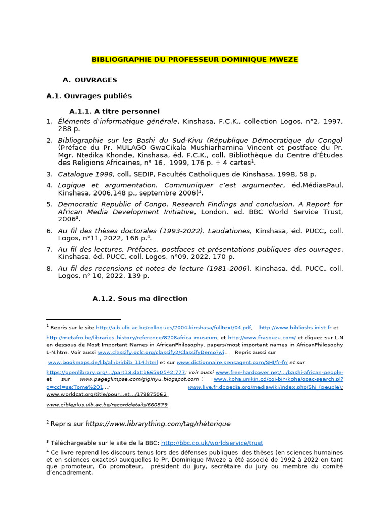 Bibliographie Du Professeur Dominique MWEZE NKINGI | PDF | République ...