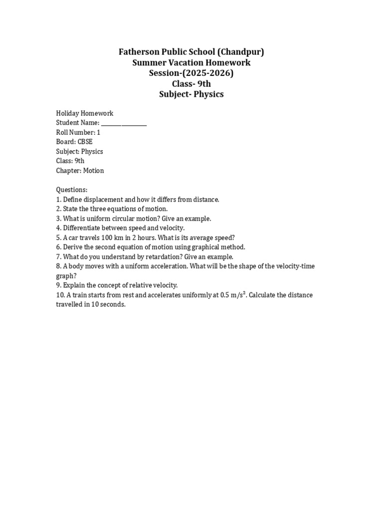 Class 9 Science (Physics) Holiday Homework | PDF | Speed | Acceleration