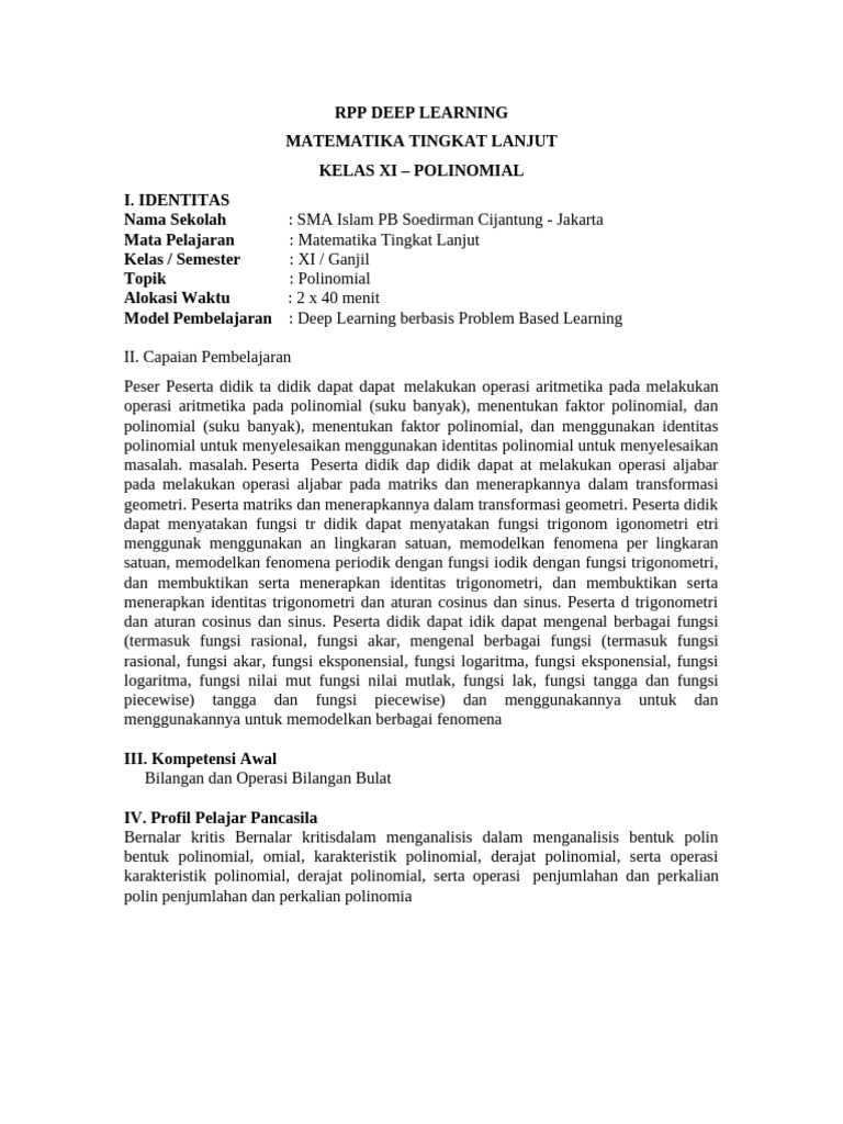 RPP Deep Learning Matematika Kelas XI | PDF
