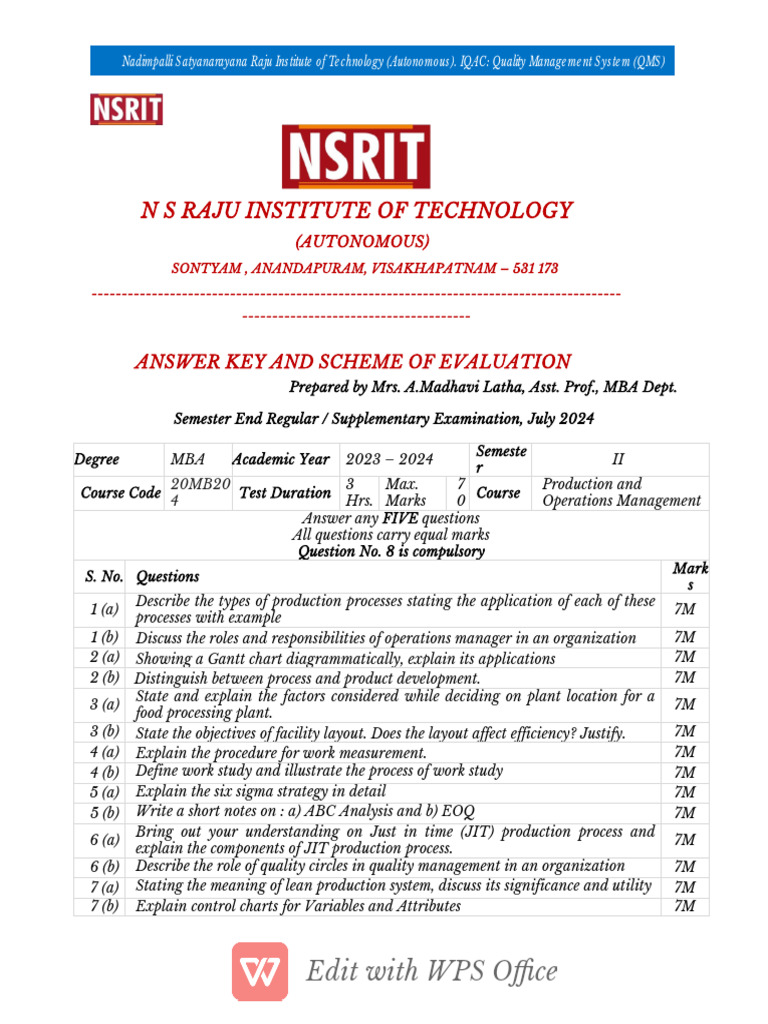 24MB204 POM Sem Key 2023-25, 25-07-2024 | PDF | Six Sigma | Quality ...