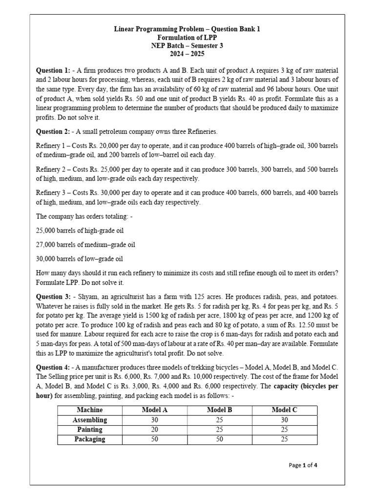 QB 1 - Formation of A Model (LPP) (2024-2025) | PDF | Oil Refinery ...