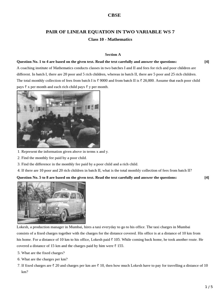 Pair of Linear Equations in Two Variables WS 7 (Problem Based On Real ...