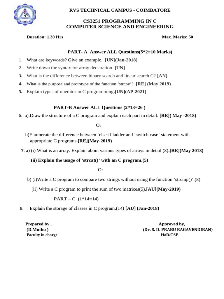 C Programming Exam Questions - RVS Tech | PDF
