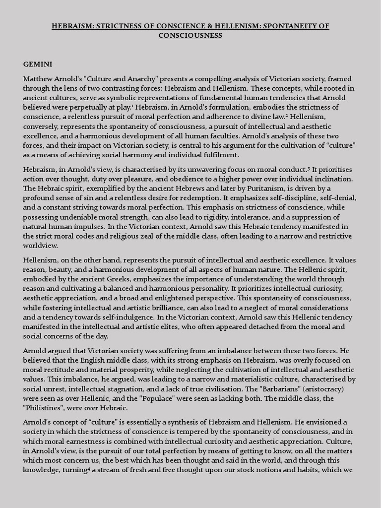 Arnold - Hebraism - Strictness of Conscience & Hellenism - Spontaneity ...
