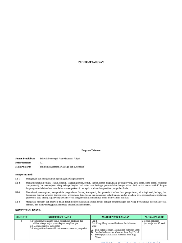 Program Tahunan PJK Kelas X Semester 1 | PDF