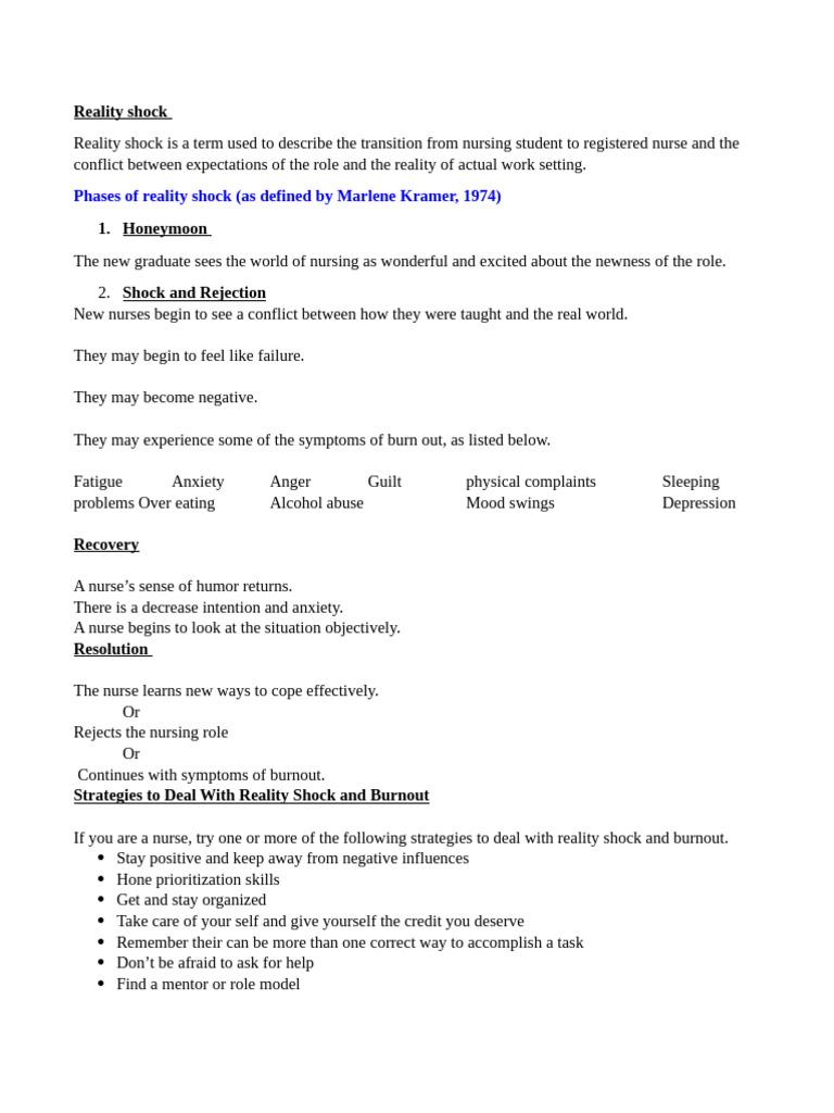 Phases of Reality Shock in Nursing | PDF