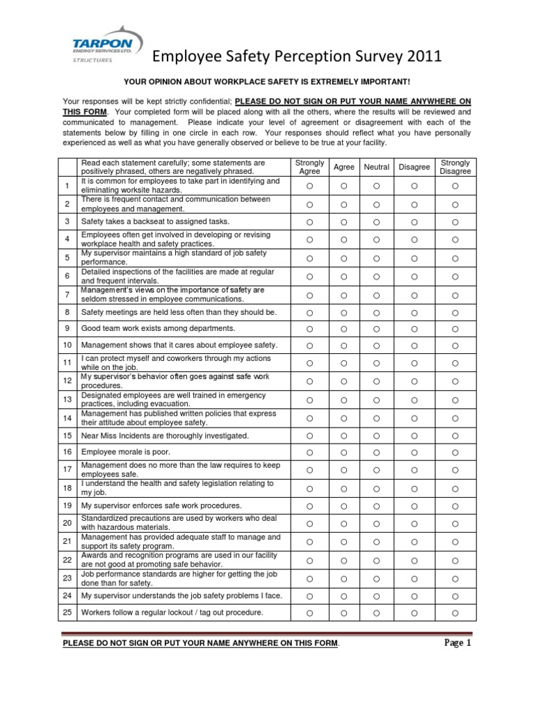 Employee Safety Perception Survey Occupational Safety And - 