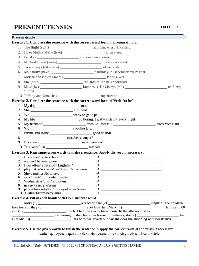 Present Tense Exercises for English Learners | PDF