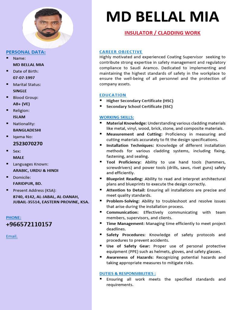 MD Bellal Mia # Insulator-Cladding - 1 | PDF | Safety | Personal ...