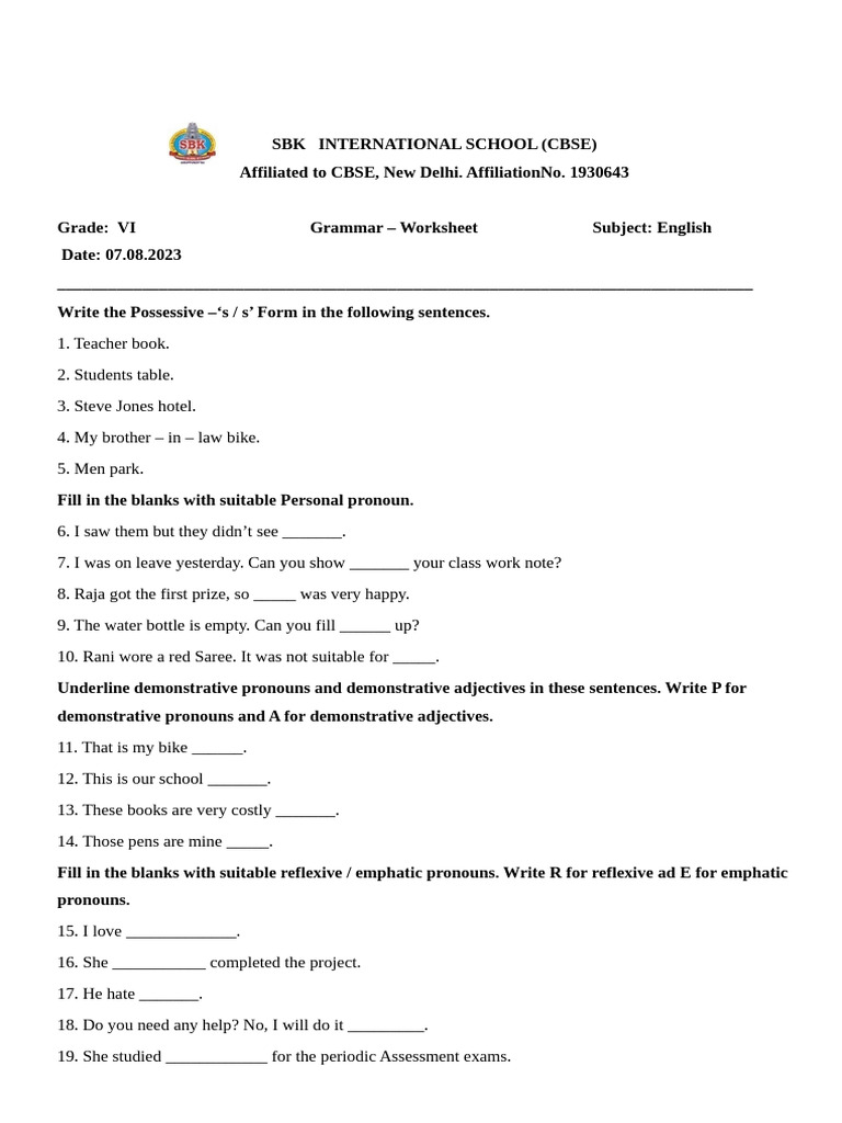 English Grammar Worksheet for Grade VI | PDF