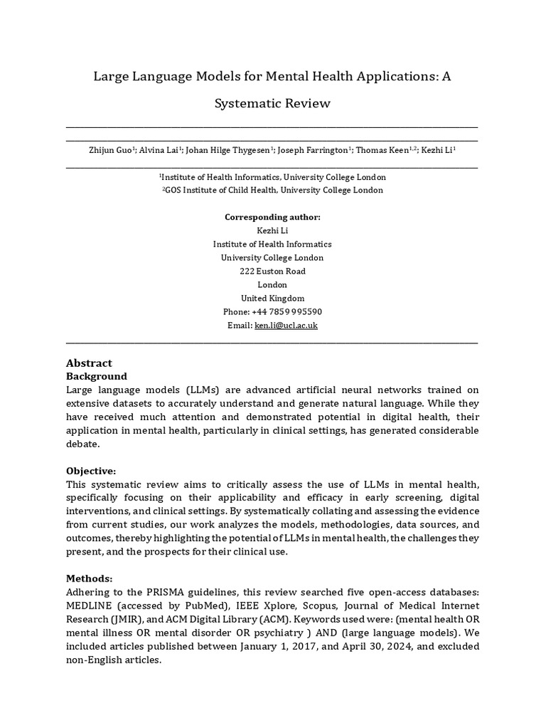 Large Language Models For Mental Health Applications: A Systematic ...