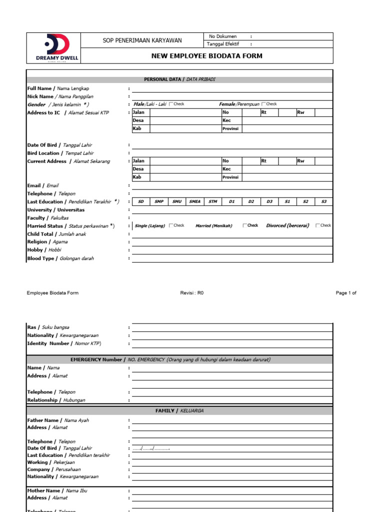 Biodata New Employee Form | PDF