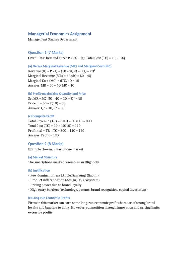 Managerial Economics: Profit Maximization Analysis | PDF