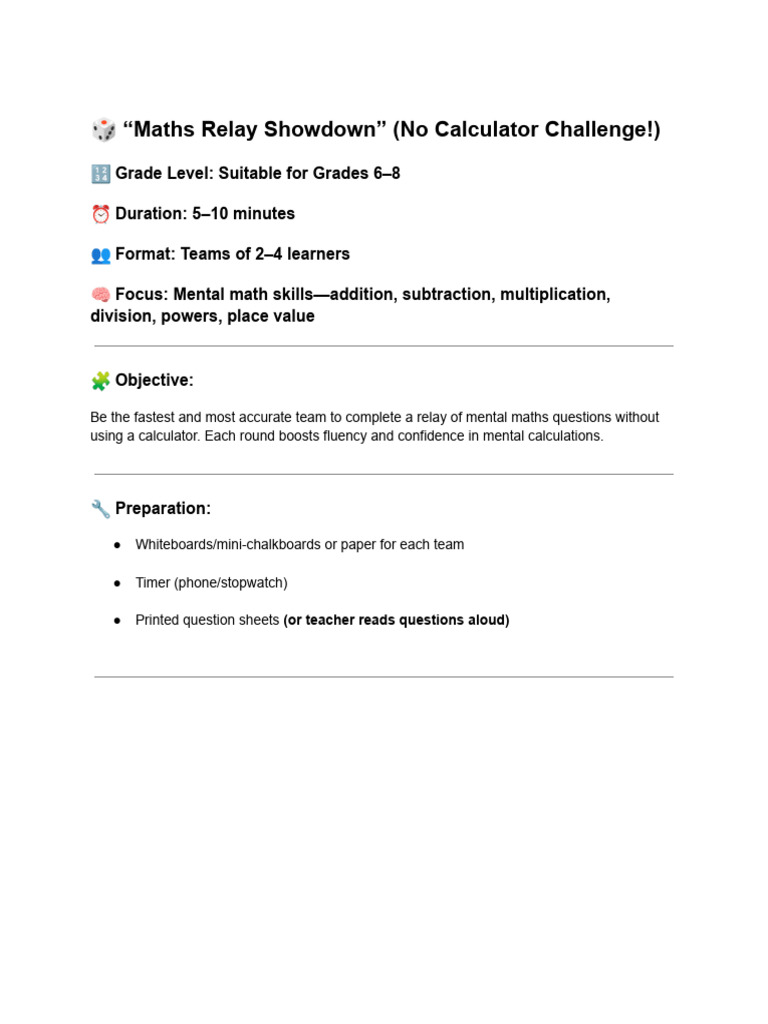 Maths Relay Showdown for Grades 6-8 | PDF