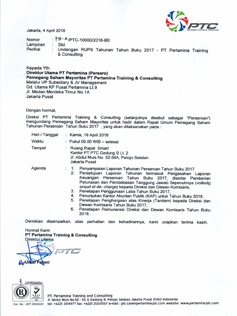 Undangan RUPS Tahunan 2017 PT PTC | PDF