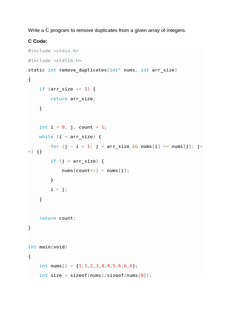 Remove Duplicates from Integer Array | PDF