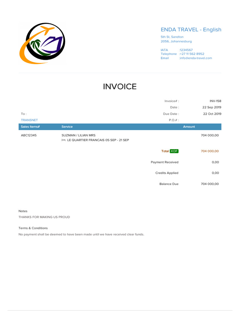 Enda Travel Invoice INV-158 Details | PDF