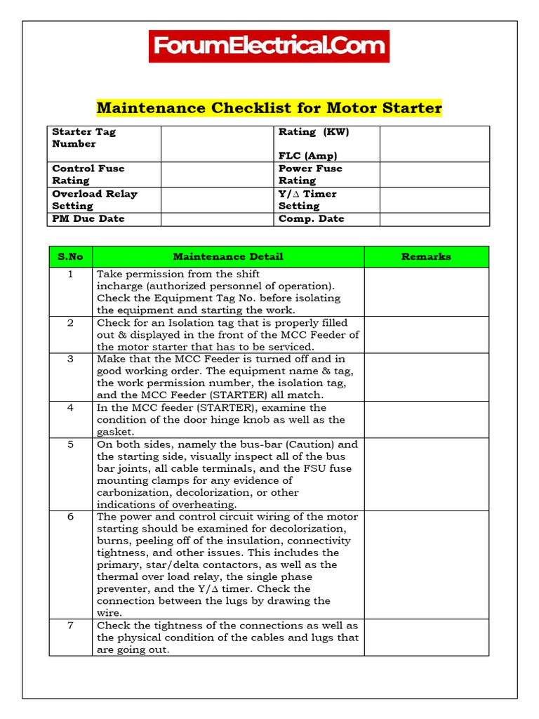 Motor Starter Maintenance Checklist | PDF | Fuse (Electrical ...