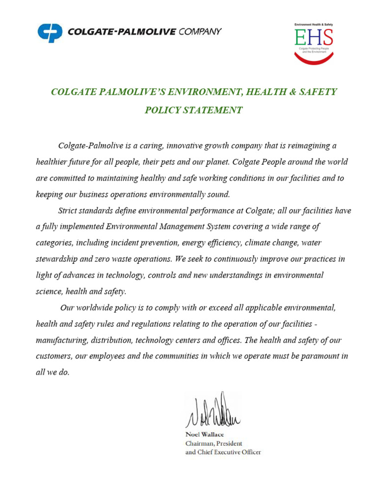 Colgate's EHS Policy Overview | PDF | Occupational Safety And Health ...