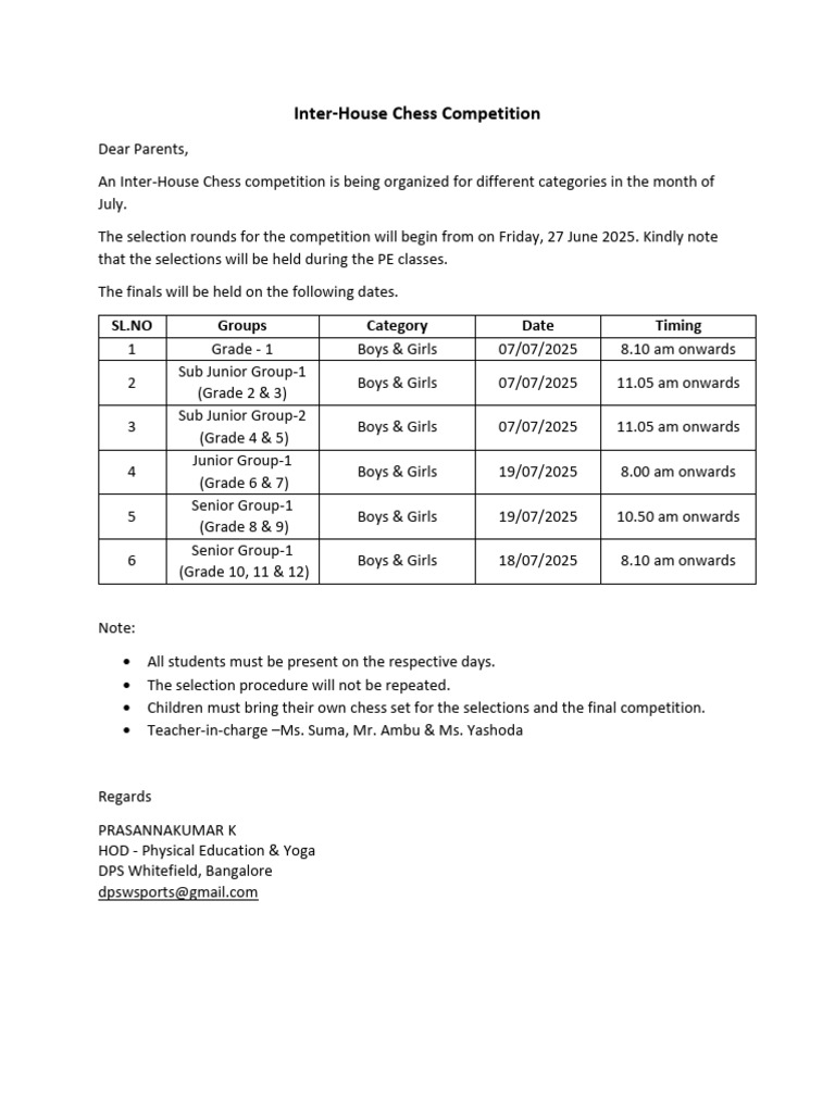 Inter-House Chess Competition Details | PDF