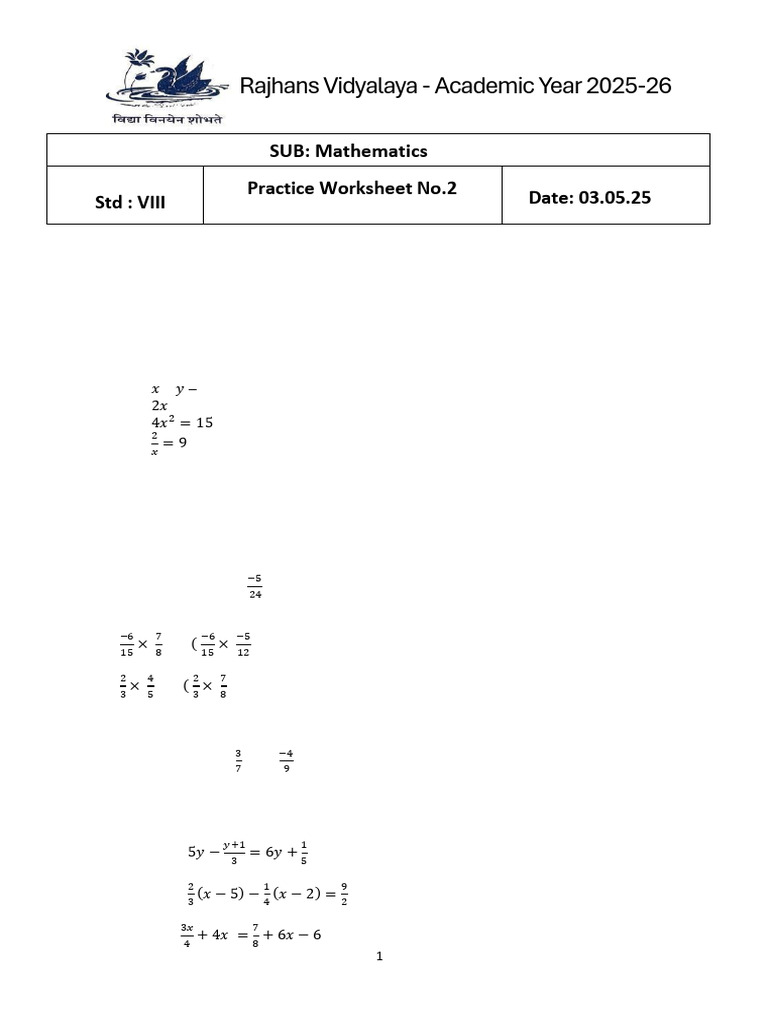 Practice Worksheet 2 STD VIII 2025-26 | PDF | Subtraction | Mathematics