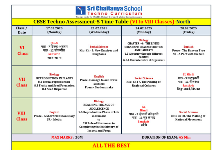 CBSE Techno Assessment-5 Time Table (VI To VIII Classes) - North | PDF ...