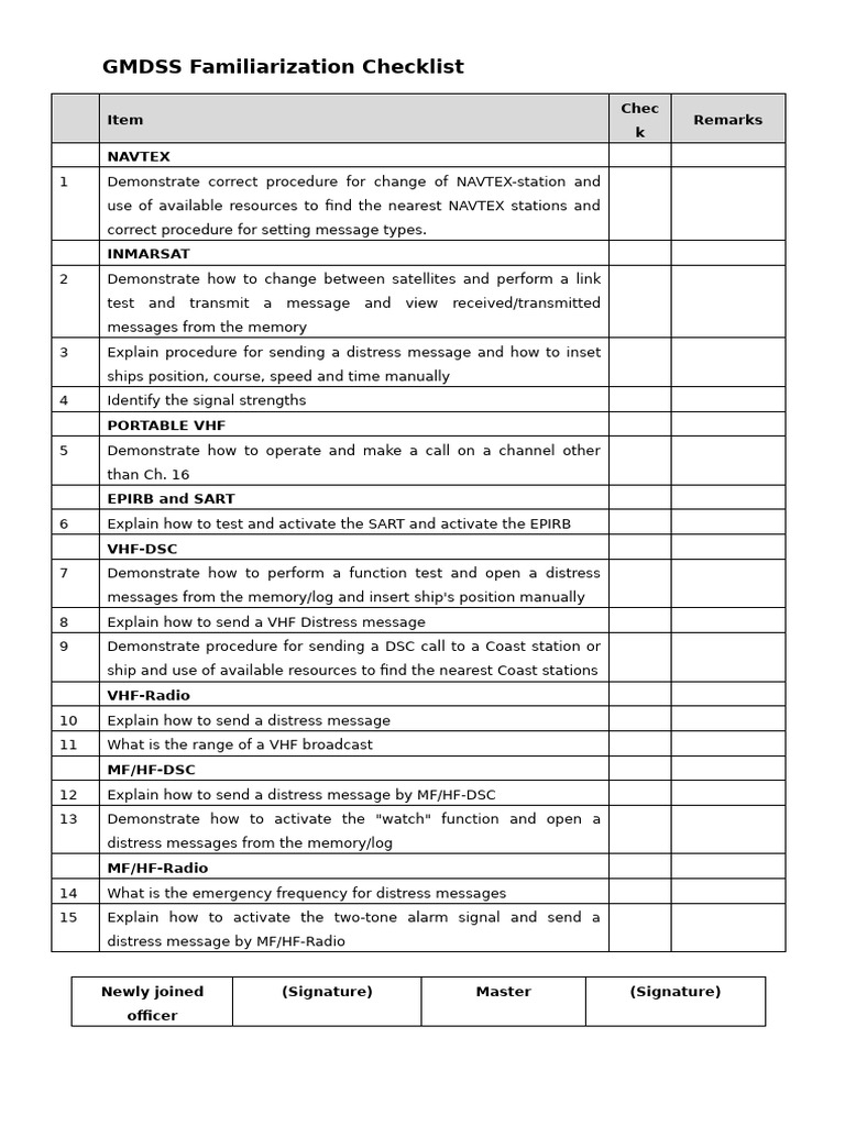 GMDSS Familiarization Checklist Guide | PDF