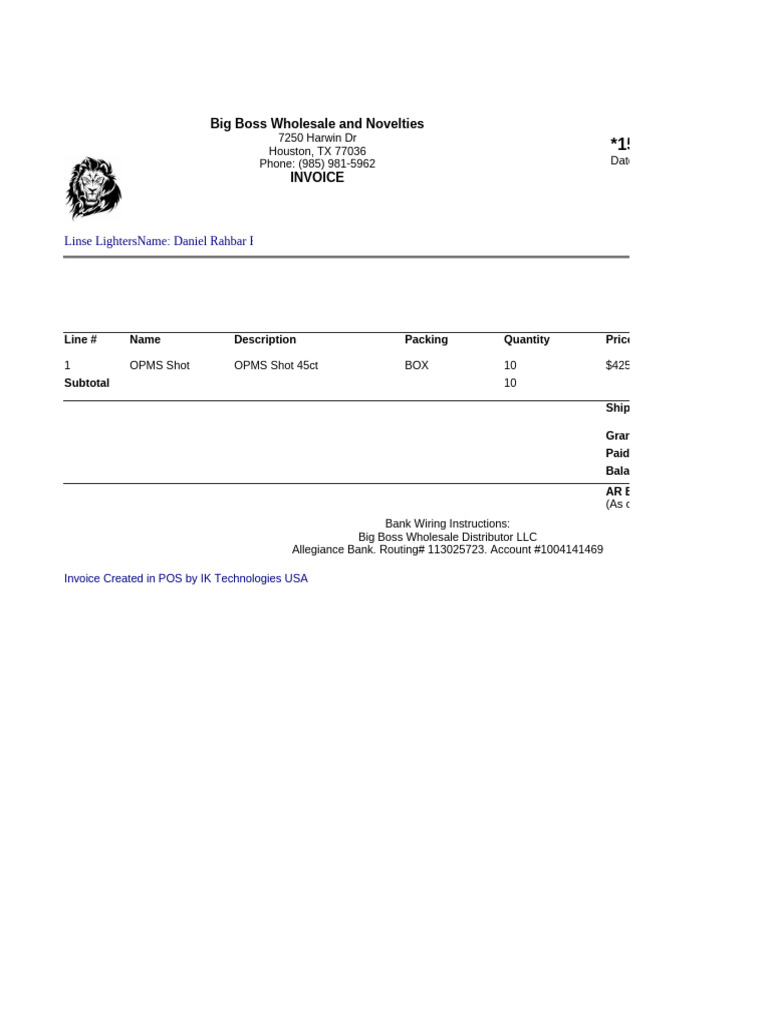 Big Boss Wholesale and Novelties - Invoice 1518 | PDF | Business Documents