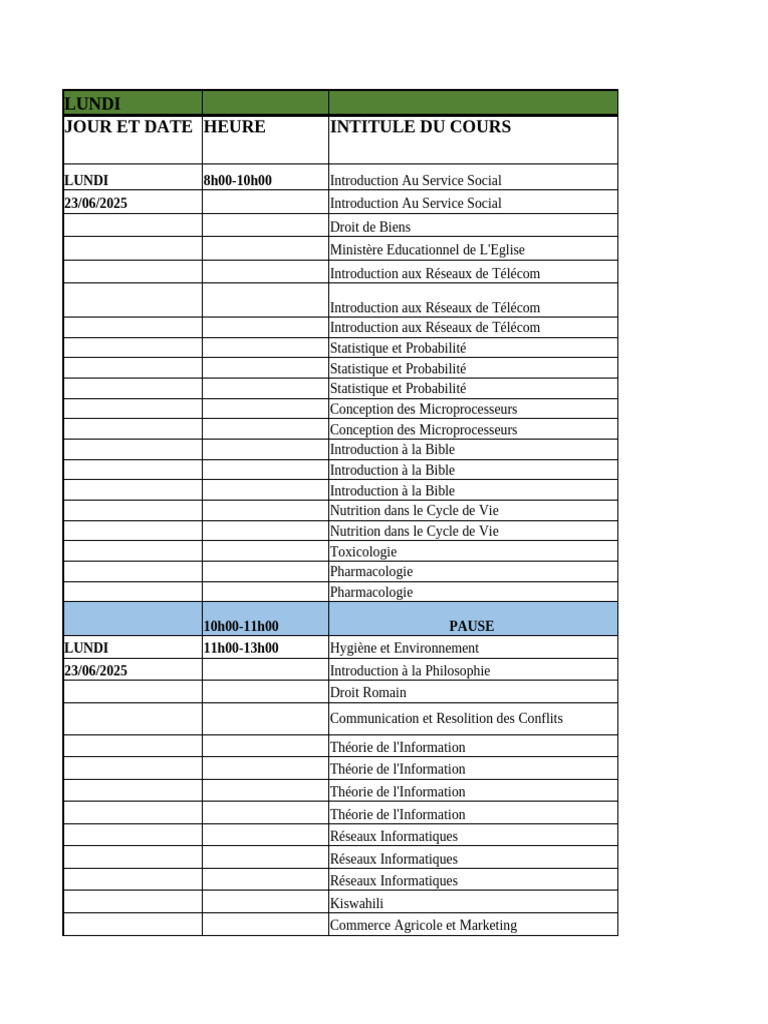 Emploi du temps des cours 2025 | PDF | Mathématiques