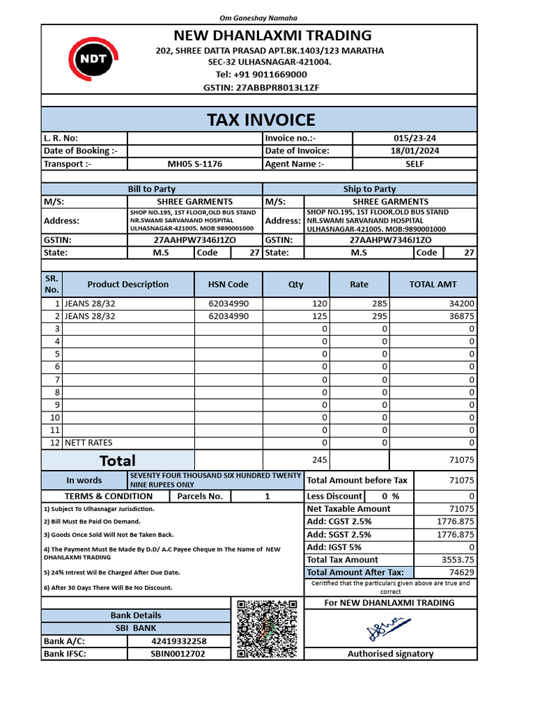 Tax Invoice for Shree Garments | PDF | Payments | Public Finance