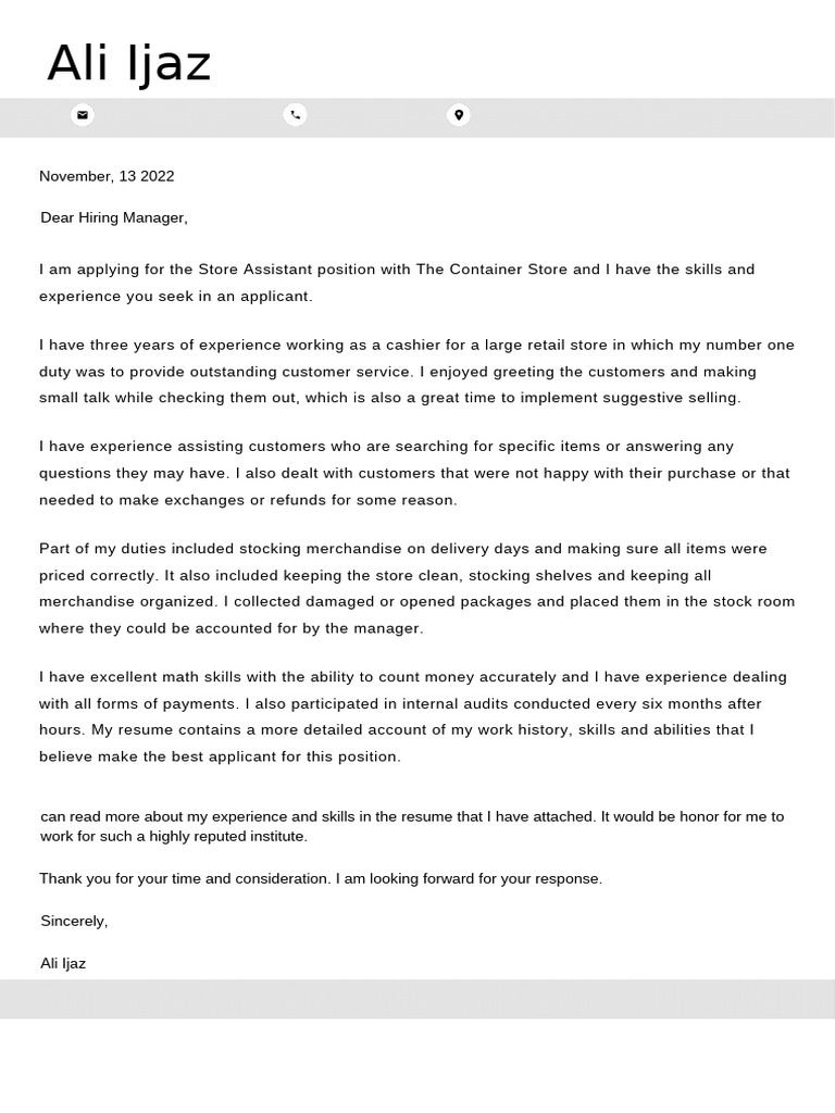 Store Assistant Application Letter | PDF