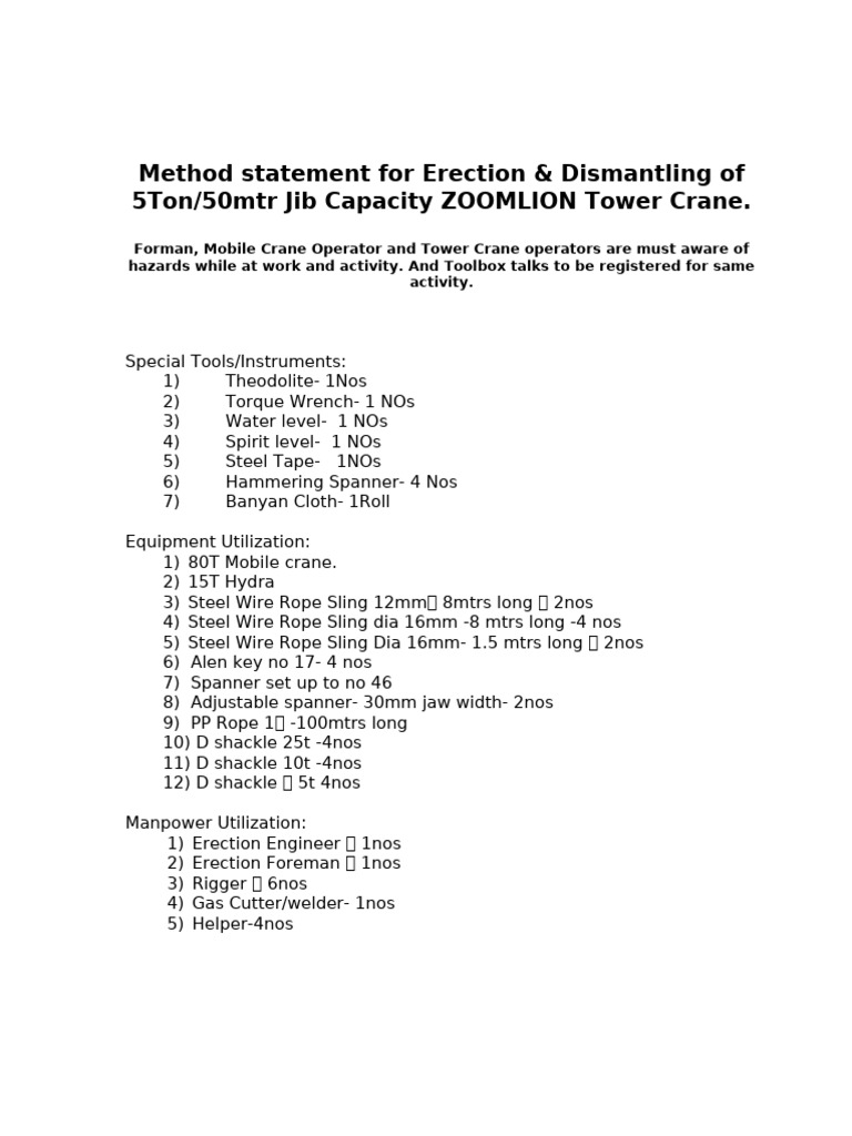 Tower Crane Erection Method in India | PDF | Crane (Machine ...