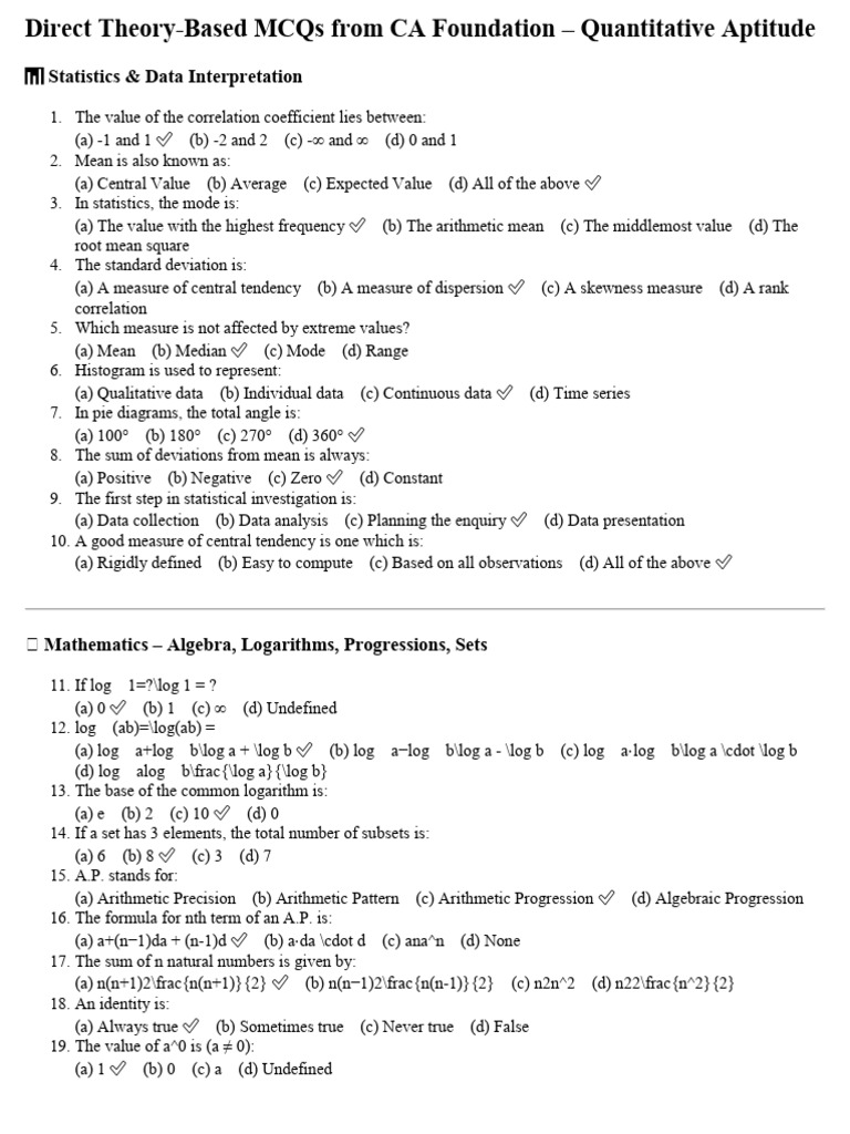 CA Foundation MCQs: Quantitative Aptitude | PDF | Mean | Skewness