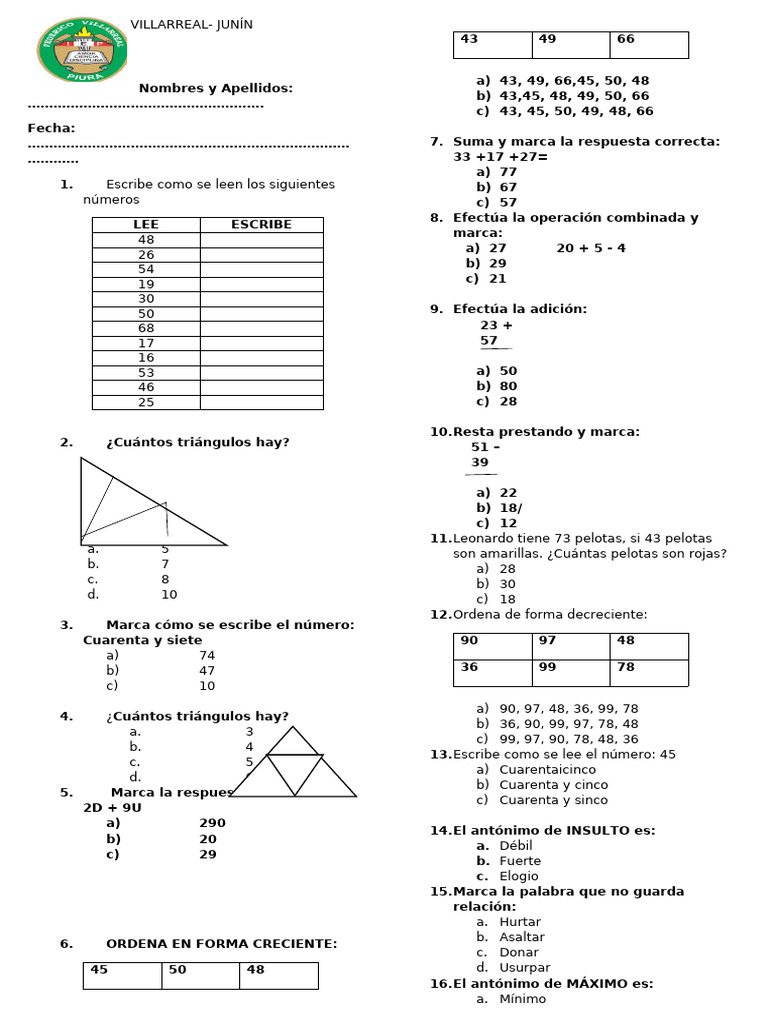 Actividades de Matemáticas y Lenguaje | PDF | Operaciones militares