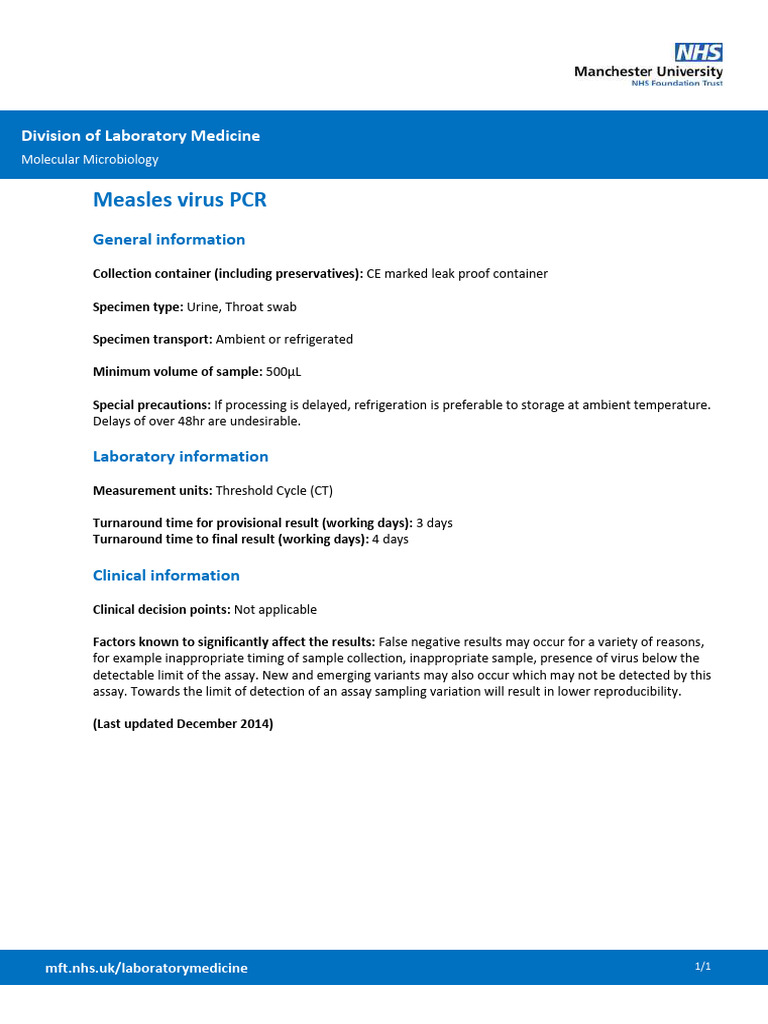 Measles Virus PCR Testing Guidelines | PDF