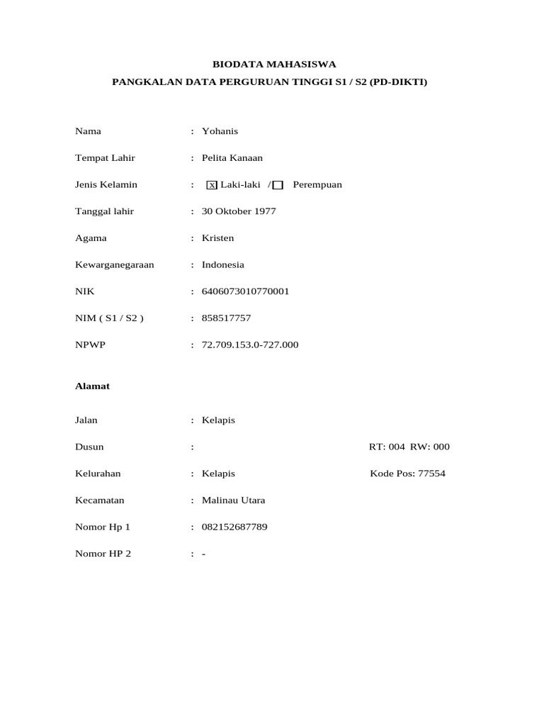 Form Biodata Lapor Diri PDPT PD Dikti Edit | PDF