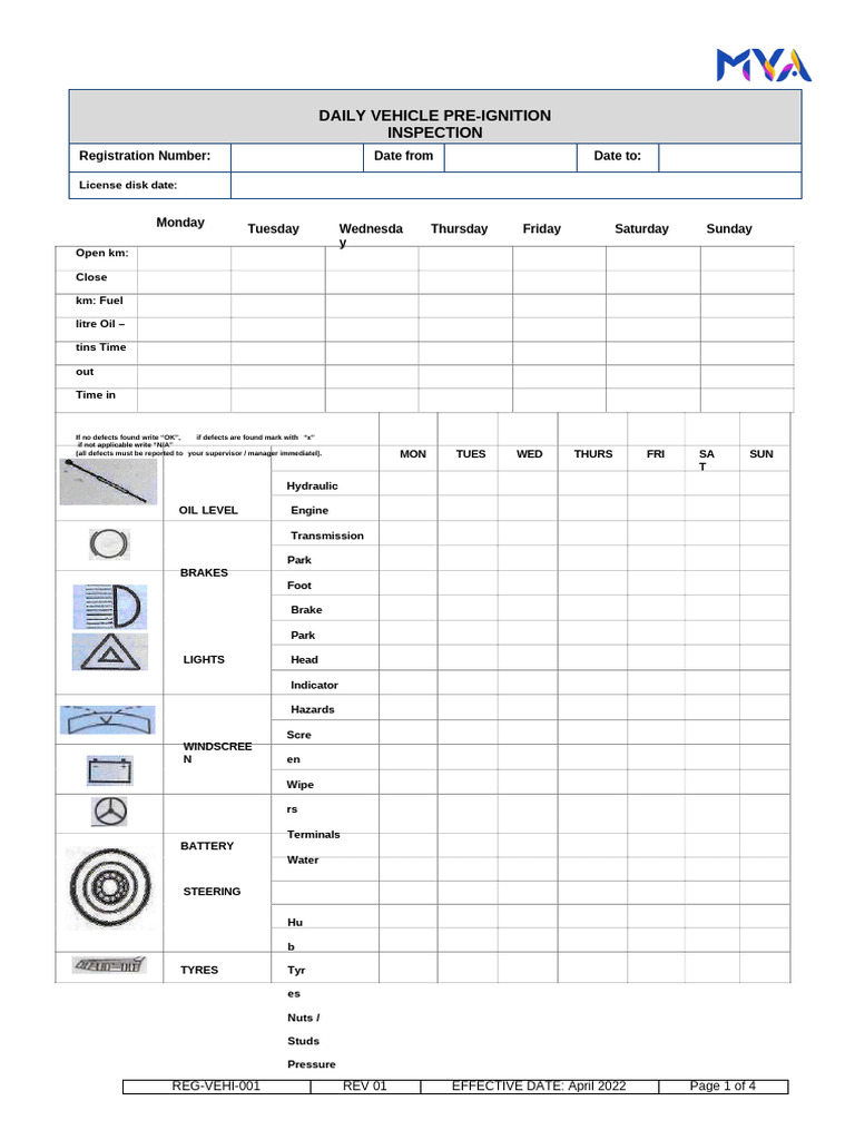Daily Vehicle Pre-Ignition Checklist | PDF | Vehicles | Car Body Styles