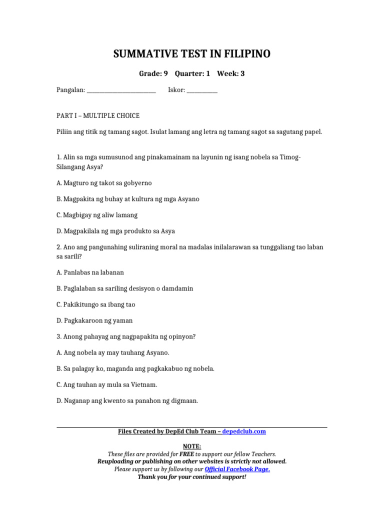 Summ - Test Filipino 9 q1 w3 - Final | PDF