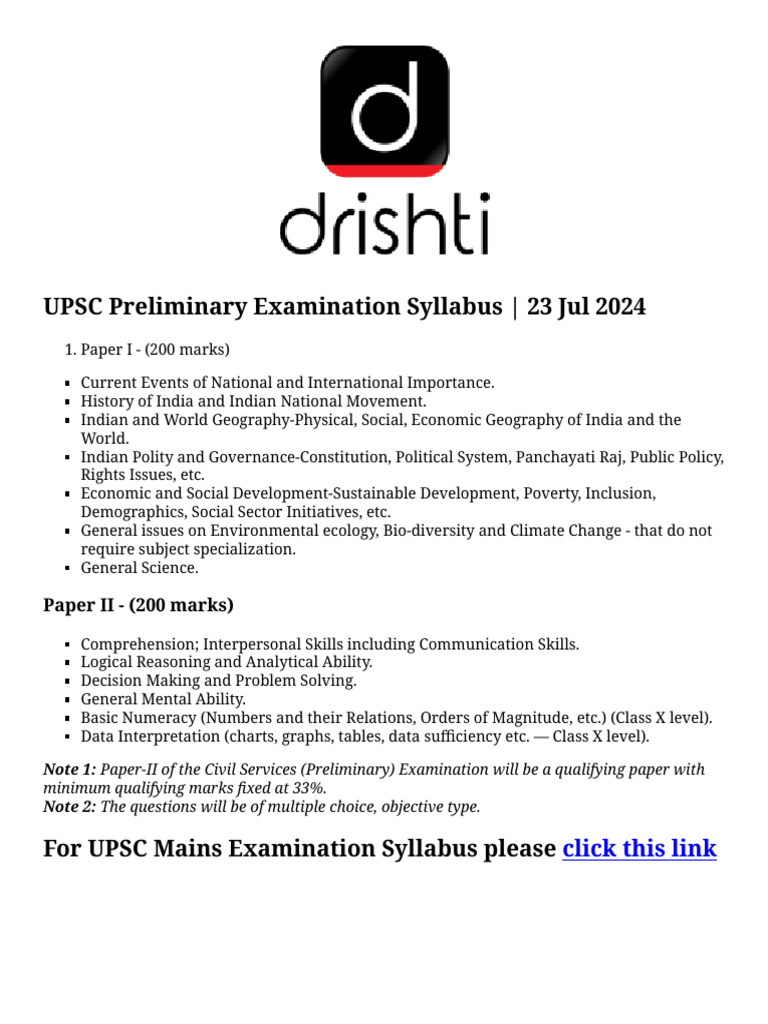 UPSC Prelims Syllabus 2024 Overview | PDF