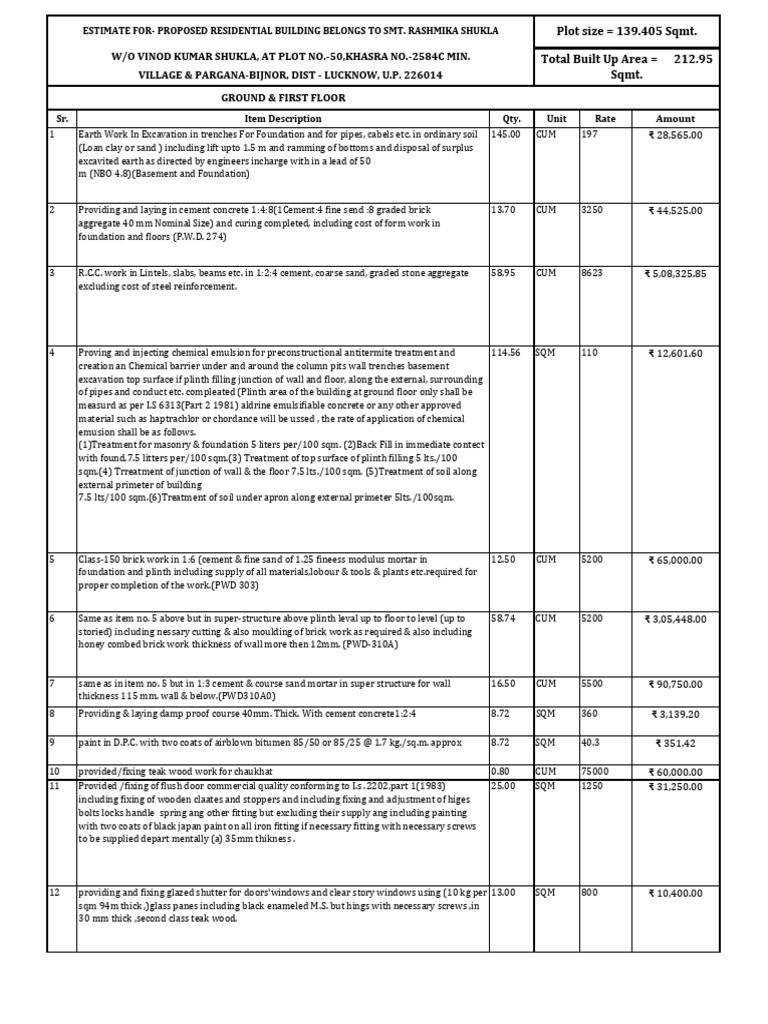Residential Building Estimate Breakdown | PDF | Concrete | Brick