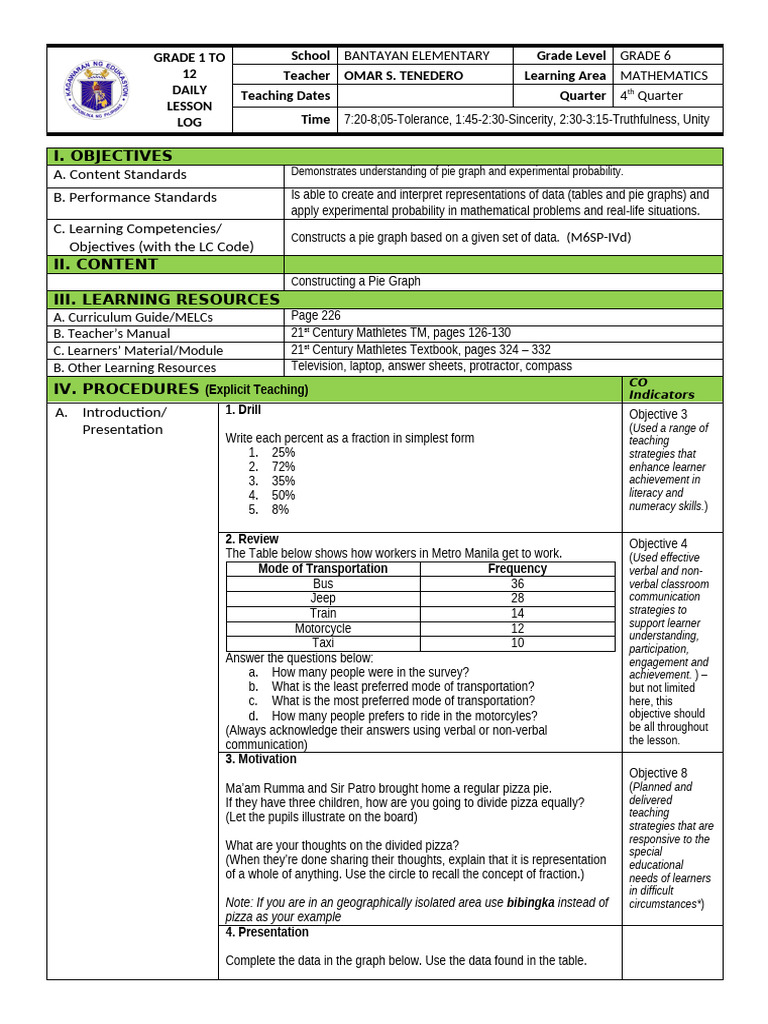 Grade 6 Math Lesson: Pie Graphs | PDF | Learning | Teachers